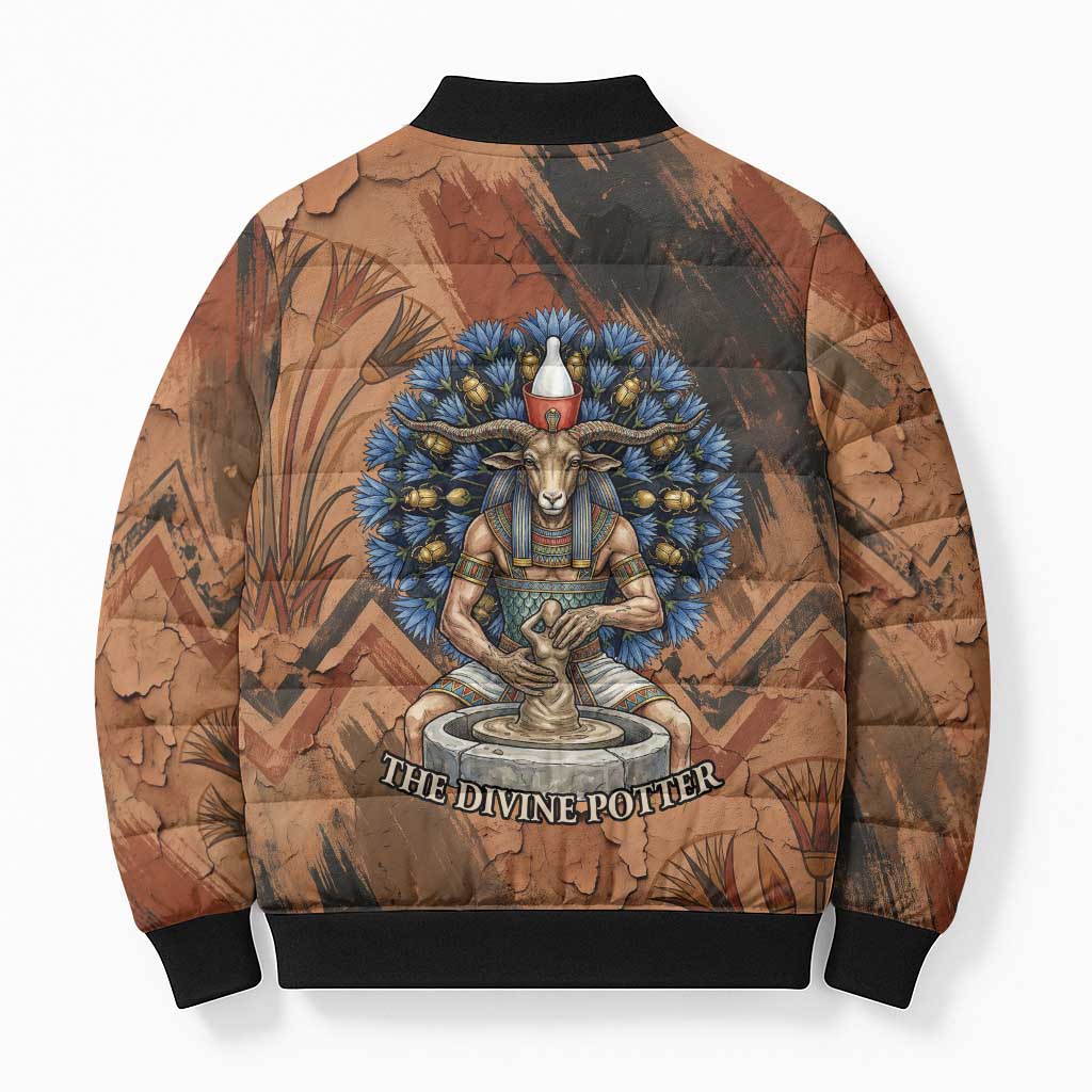 Khnum Bomber Puffer Jacket Ancient Egyptian Earthy Cracked Papyrus - Divine Potter - Wonder Print Shop