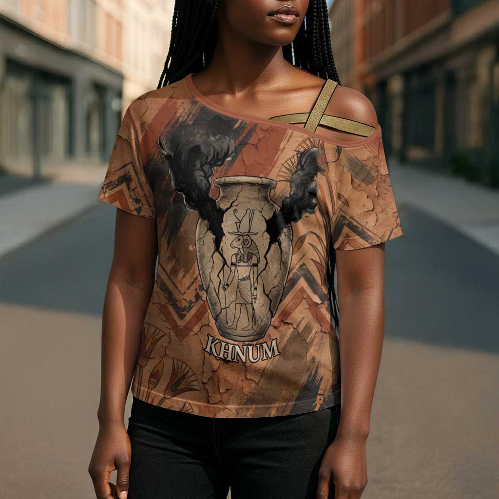 Khnum Cross Shoulder Shirt Ancient Egyptian Earthy Cracked Papyrus - Divine Potter - Wonder Print Shop