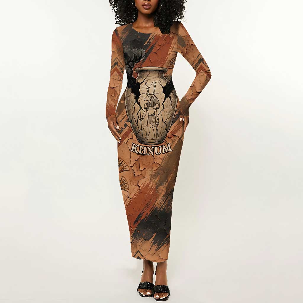 Khnum Long Sleeve Bodycon Dress Ancient Egyptian Earthy Cracked Papyrus - Divine Potter - Wonder Print Shop