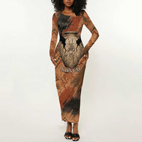 Khnum Long Sleeve Bodycon Dress Ancient Egyptian Earthy Cracked Papyrus - Divine Potter - Wonder Print Shop