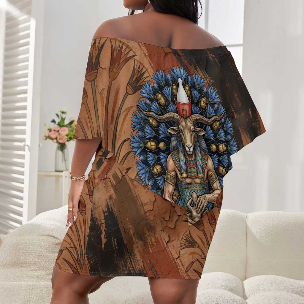 Khnum Off Shoulder Short Dress Ancient Egyptian Earthy Cracked Papyrus - Divine Potter - Wonder Print Shop