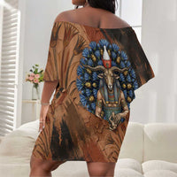 Khnum Off Shoulder Short Dress Ancient Egyptian Earthy Cracked Papyrus - Divine Potter - Wonder Print Shop