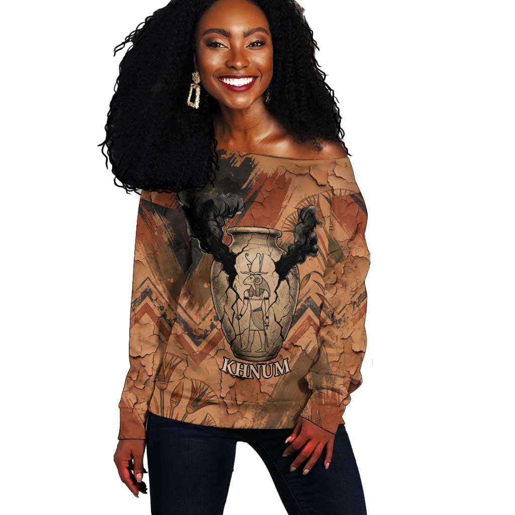 Khnum Off Shoulder Sweater Ancient Egyptian Earthy Cracked Papyrus - Divine Potter - Wonder Print Shop