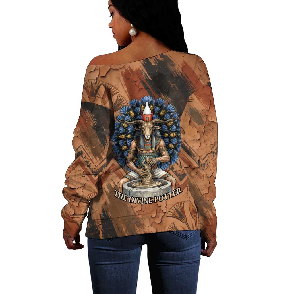 Khnum Off Shoulder Sweater Ancient Egyptian Earthy Cracked Papyrus - Divine Potter - Wonder Print Shop