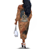 Khnum Off The Shoulder Long Sleeve Dress Ancient Egyptian Earthy Cracked Papyrus - Divine Potter - Wonder Print Shop