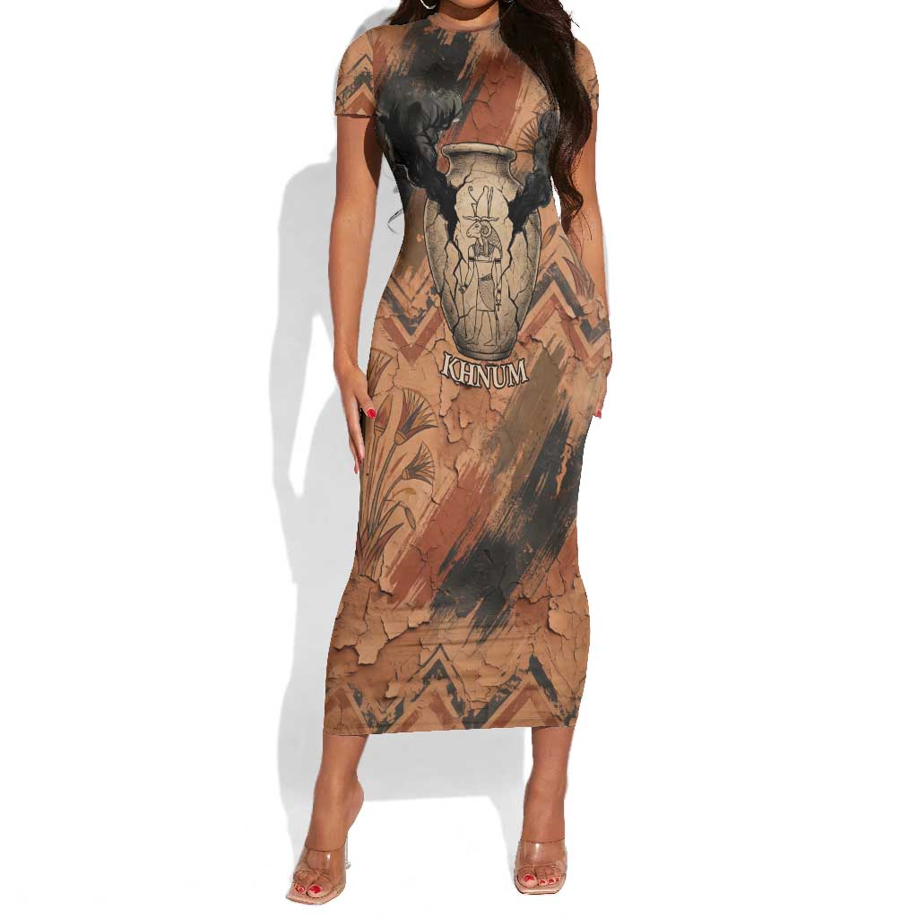 Khnum Short Sleeve Bodycon Dress Ancient Egyptian Earthy Cracked Papyrus - Divine Potter - Wonder Print Shop