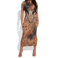 Khnum Short Sleeve Bodycon Dress Ancient Egyptian Earthy Cracked Papyrus - Divine Potter - Wonder Print Shop