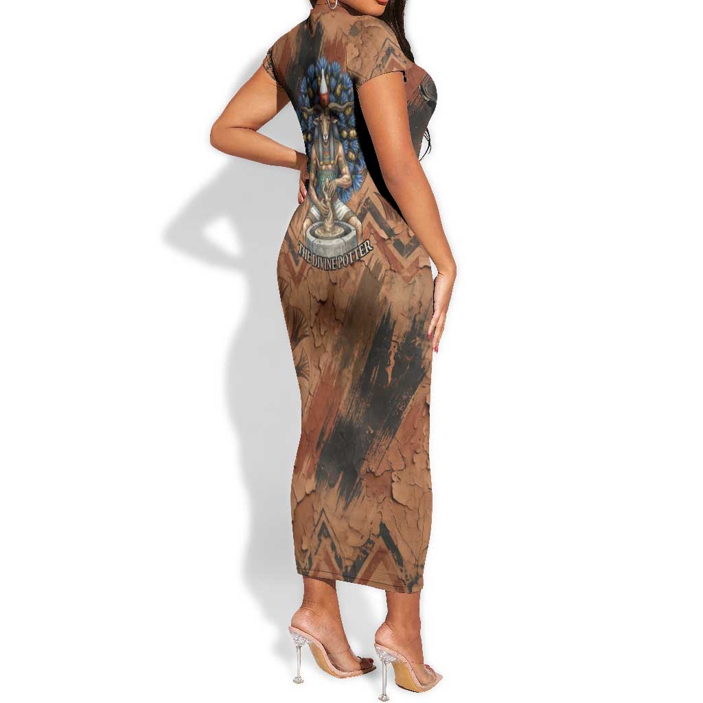 Khnum Short Sleeve Bodycon Dress Ancient Egyptian Earthy Cracked Papyrus - Divine Potter - Wonder Print Shop
