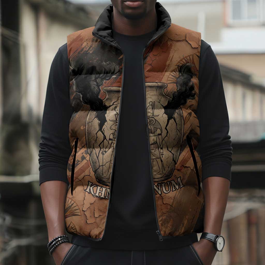 Khnum Sleeveless Puffer Jacket Ancient Egyptian Earthy Cracked Papyrus - Divine Potter - Wonder Print Shop
