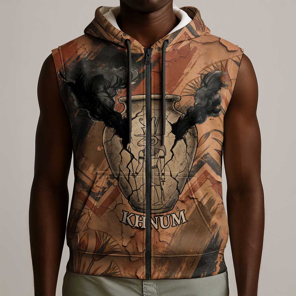 Khnum Sleeveless Zip Hoodie Ancient Egyptian Earthy Cracked Papyrus - Divine Potter - Wonder Print Shop