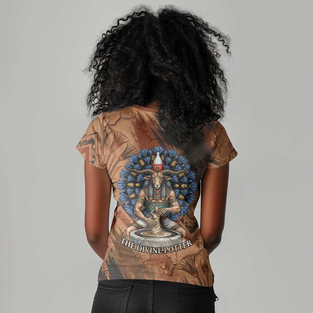Khnum Women V-Neck T-Shirt Ancient Egyptian Earthy Cracked Papyrus - Divine Potter - Wonder Print Shop
