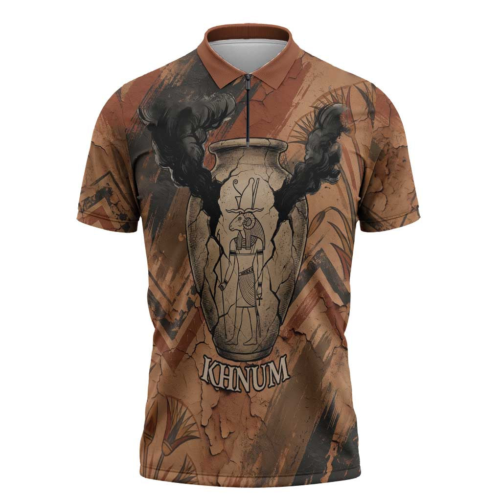 Khnum Zipper Polo Shirt Ancient Egyptian Earthy Cracked Papyrus - Divine Potter - Wonder Print Shop
