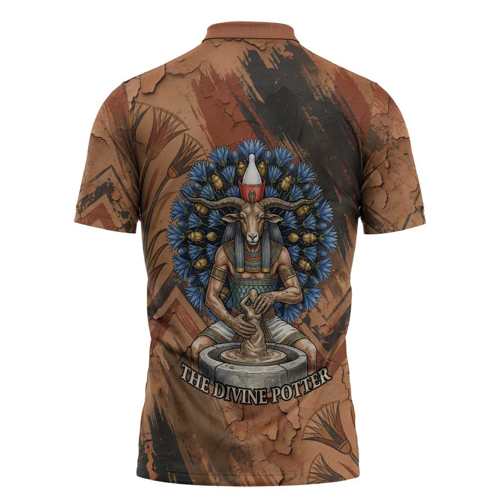 Khnum Zipper Polo Shirt Ancient Egyptian Earthy Cracked Papyrus - Divine Potter - Wonder Print Shop