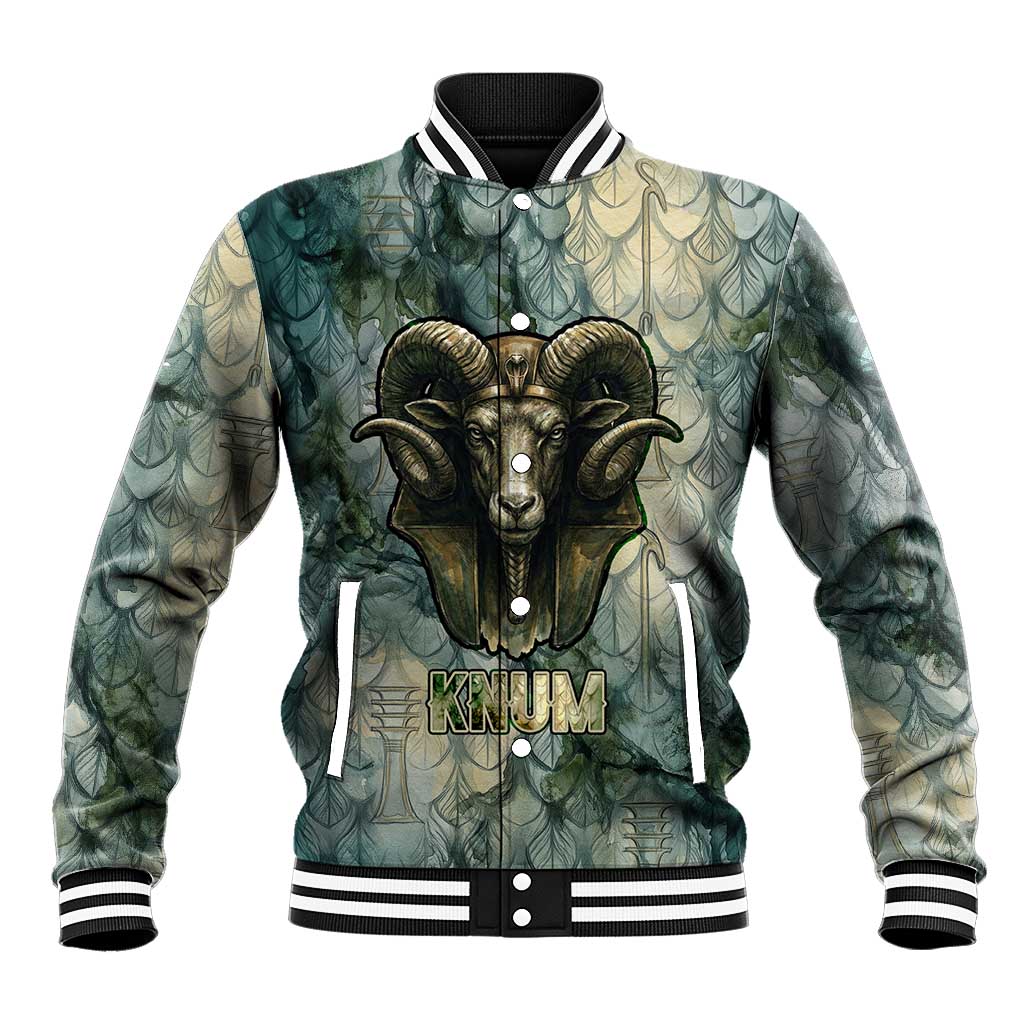 Khnum Ancient Egyptian Baseball Jacket with Smoky Leaf, Ram Head Emblem, and Guardian of the Cataract - Wonder Print Shop