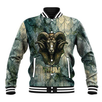 Khnum Ancient Egyptian Baseball Jacket with Smoky Leaf, Ram Head Emblem, and Guardian of the Cataract - Wonder Print Shop