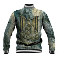 Khnum Ancient Egyptian Baseball Jacket with Smoky Leaf, Ram Head Emblem, and Guardian of the Cataract - Wonder Print Shop