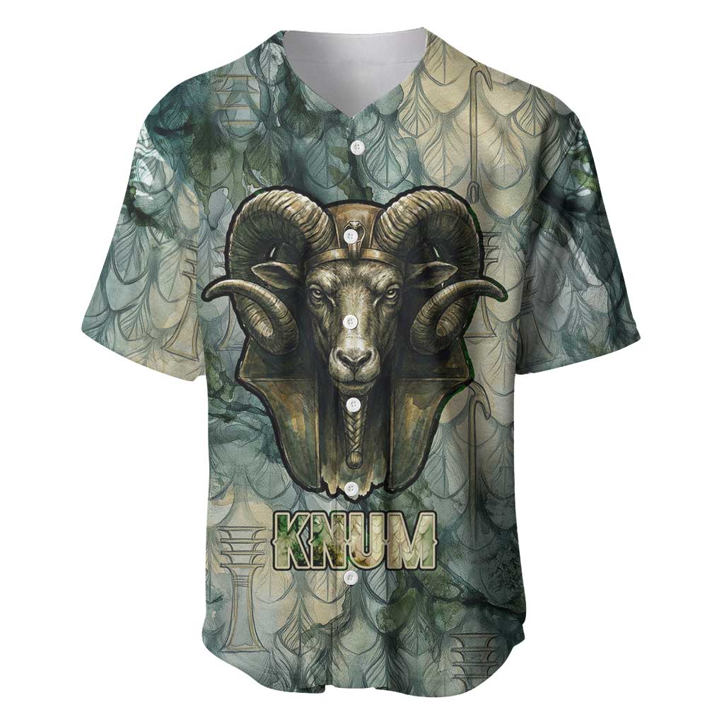 Khnum Ancient Egyptian Baseball Jersey with Smoky Leaf, Ram Head Emblem, and Guardian of the Cataract - Wonder Print Shop