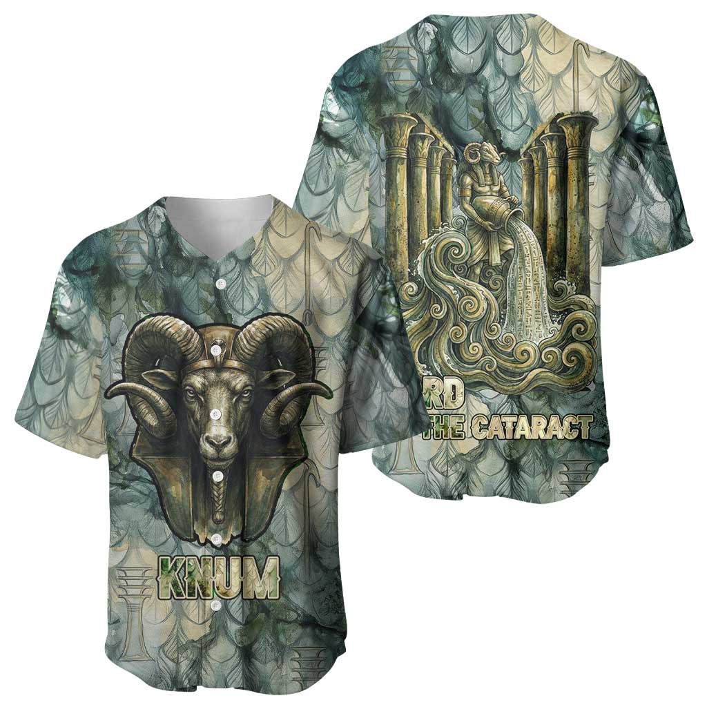 Khnum Ancient Egyptian Baseball Jersey with Smoky Leaf, Ram Head Emblem, and Guardian of the Cataract - Wonder Print Shop