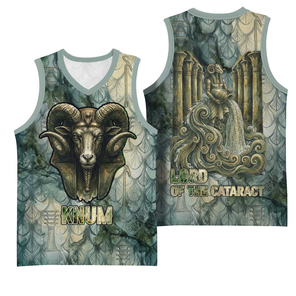 Khnum Ancient Egyptian Basketball Jersey with Smoky Leaf, Ram Head Emblem, and Guardian of the Cataract - Wonder Print Shop