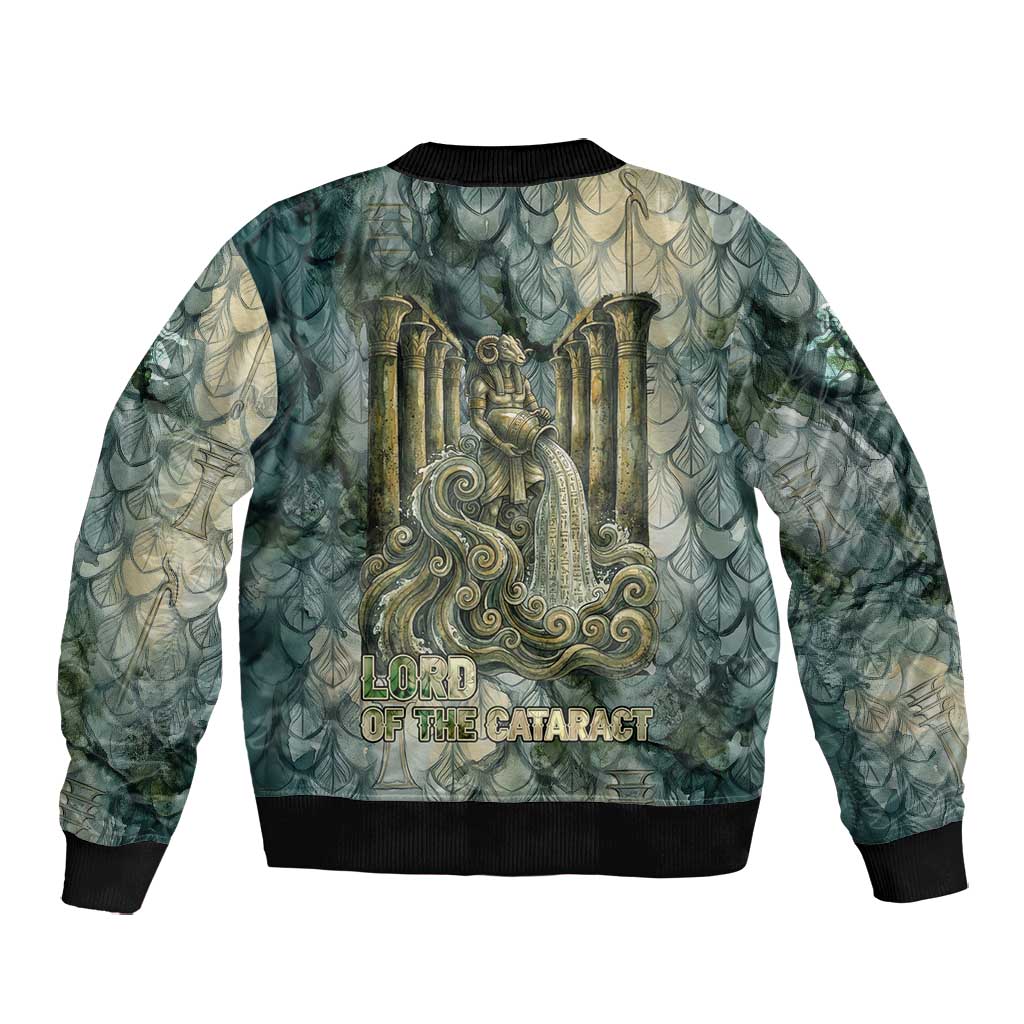 Khnum Ancient Egyptian Bomber Jacket with Smoky Leaf, Ram Head Emblem, and Guardian of the Cataract - Wonder Print Shop
