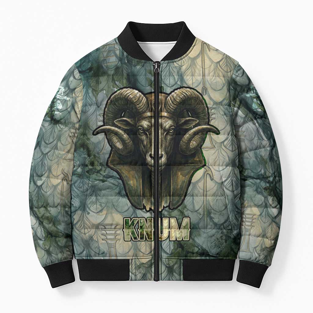 Khnum Ancient Egyptian Bomber Puffer Jacket with Smoky Leaf, Ram Head Emblem, and Guardian of the Cataract - Wonder Print Shop