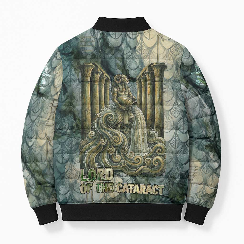 Khnum Ancient Egyptian Bomber Puffer Jacket with Smoky Leaf, Ram Head Emblem, and Guardian of the Cataract - Wonder Print Shop