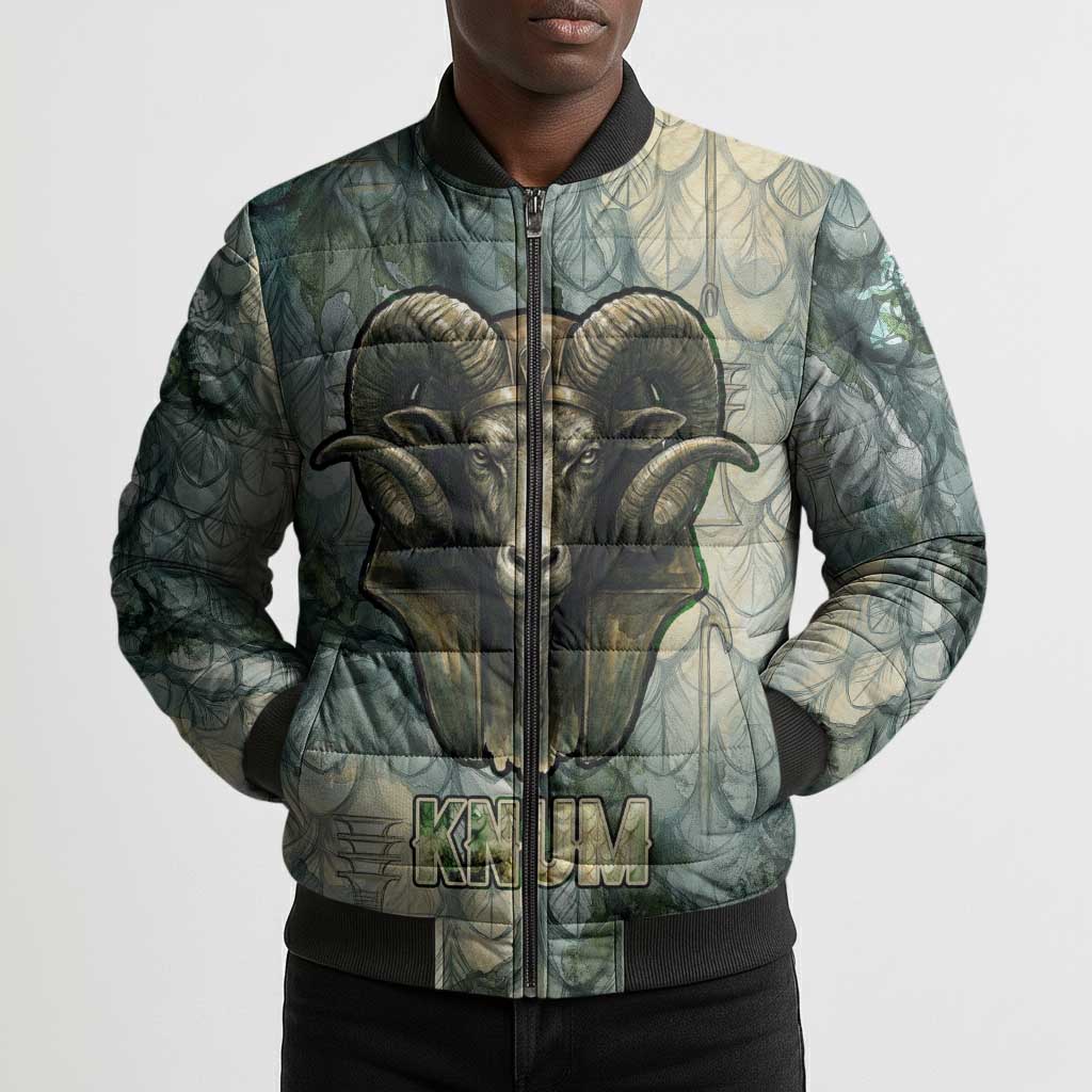 Khnum Ancient Egyptian Bomber Puffer Jacket with Smoky Leaf, Ram Head Emblem, and Guardian of the Cataract - Wonder Print Shop