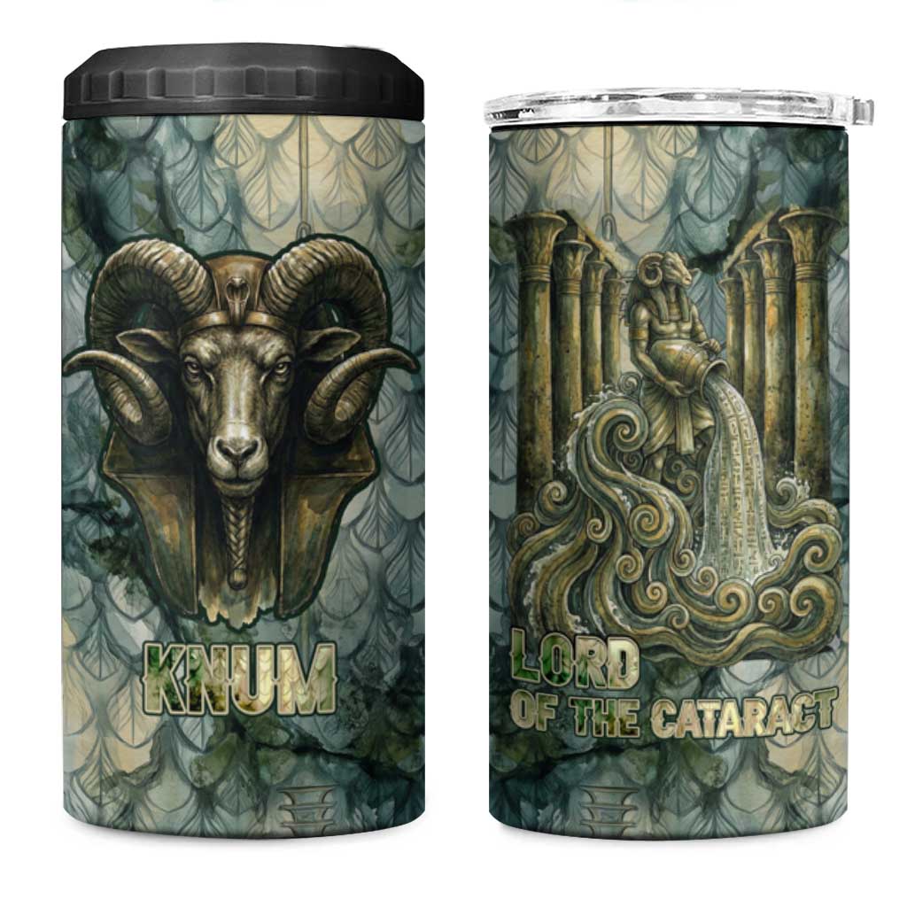 Khnum Ancient Egyptian 4 in 1 Can Cooler Tumbler with Smoky Leaf, Ram Head Emblem, and Guardian of the Cataract - Wonder Print Shop