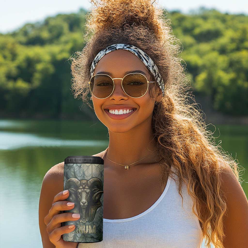 Khnum Ancient Egyptian 4 in 1 Can Cooler Tumbler with Smoky Leaf, Ram Head Emblem, and Guardian of the Cataract - Wonder Print Shop