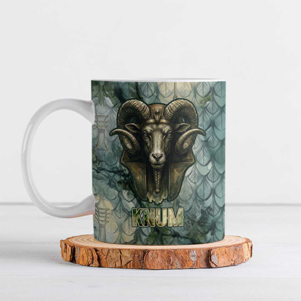 Khnum Ancient Egyptian Ceramic Mug with Smoky Leaf, Ram Head Emblem, and Guardian of the Cataract - Wonder Print Shop