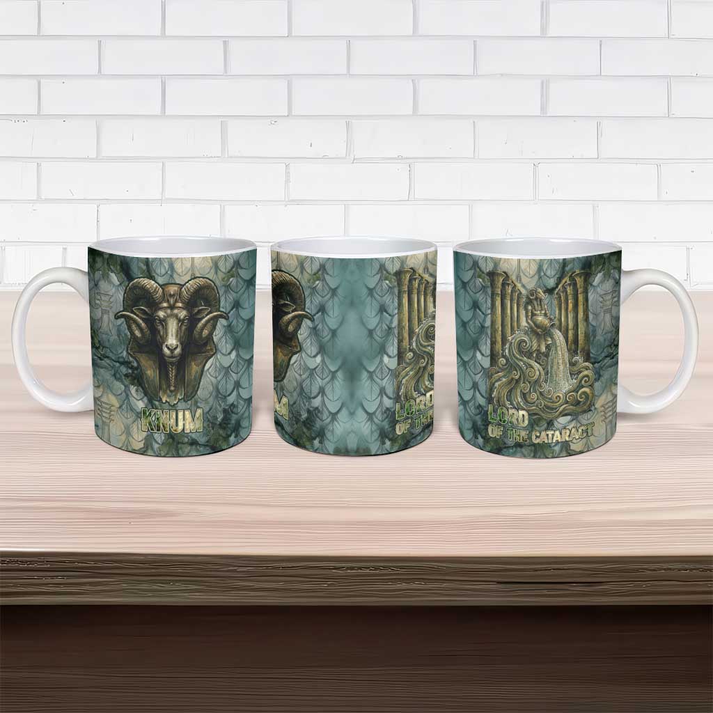 Khnum Ancient Egyptian Ceramic Mug with Smoky Leaf, Ram Head Emblem, and Guardian of the Cataract - Wonder Print Shop