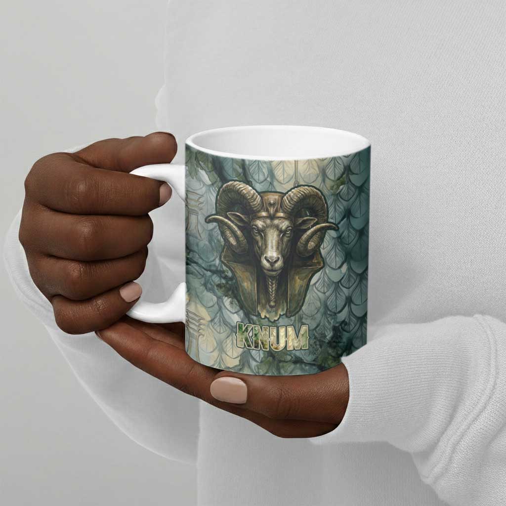 Khnum Ancient Egyptian Ceramic Mug with Smoky Leaf, Ram Head Emblem, and Guardian of the Cataract - Wonder Print Shop