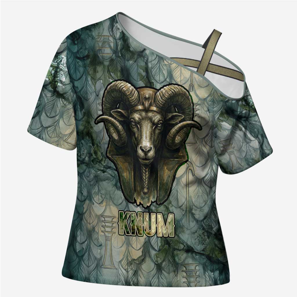 Khnum Ancient Egyptian Cross Shoulder Shirt with Smoky Leaf, Ram Head Emblem, and Guardian of the Cataract - Wonder Print Shop