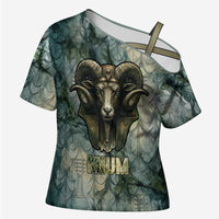 Khnum Ancient Egyptian Cross Shoulder Shirt with Smoky Leaf, Ram Head Emblem, and Guardian of the Cataract - Wonder Print Shop