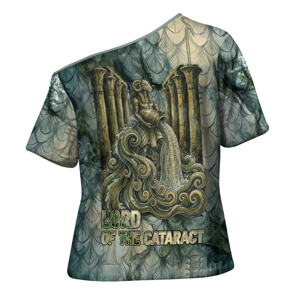 Khnum Ancient Egyptian Cross Shoulder Shirt with Smoky Leaf, Ram Head Emblem, and Guardian of the Cataract - Wonder Print Shop