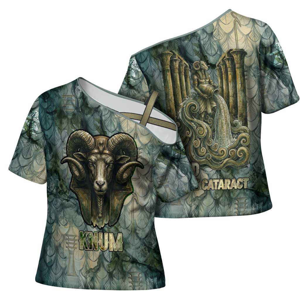 Khnum Ancient Egyptian Cross Shoulder Shirt with Smoky Leaf, Ram Head Emblem, and Guardian of the Cataract - Wonder Print Shop