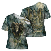 Khnum Ancient Egyptian Cross Shoulder Shirt with Smoky Leaf, Ram Head Emblem, and Guardian of the Cataract - Wonder Print Shop
