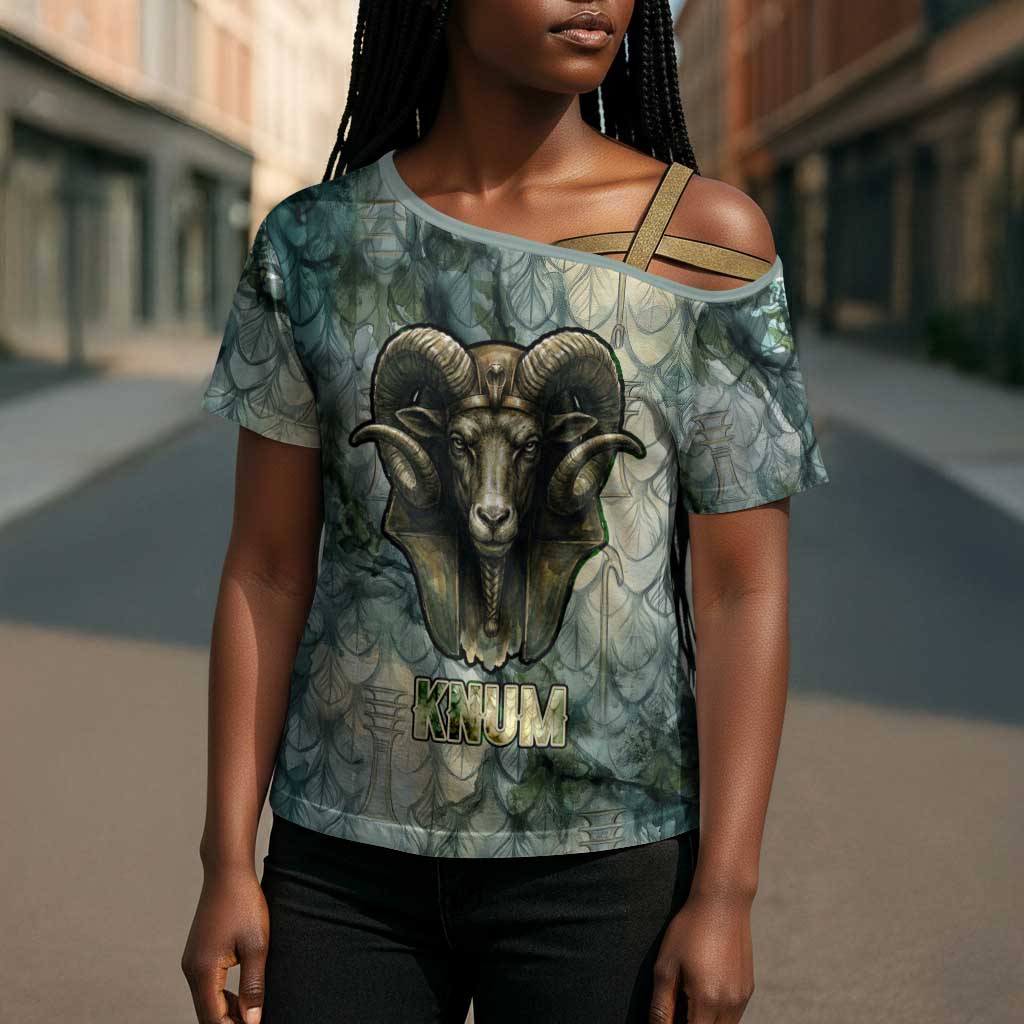 Khnum Ancient Egyptian Cross Shoulder Shirt with Smoky Leaf, Ram Head Emblem, and Guardian of the Cataract - Wonder Print Shop