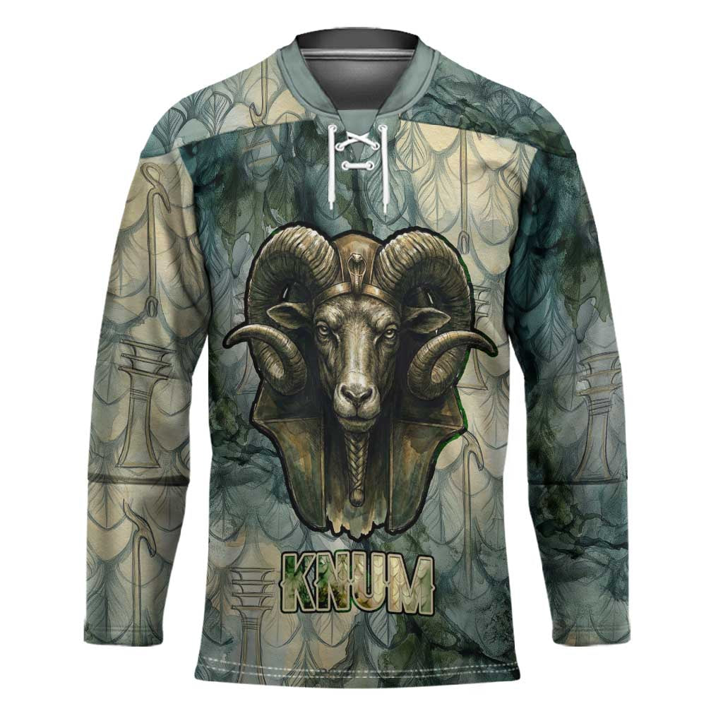 Khnum Ancient Egyptian Hockey Jersey with Smoky Leaf, Ram Head Emblem, and Guardian of the Cataract - Wonder Print Shop