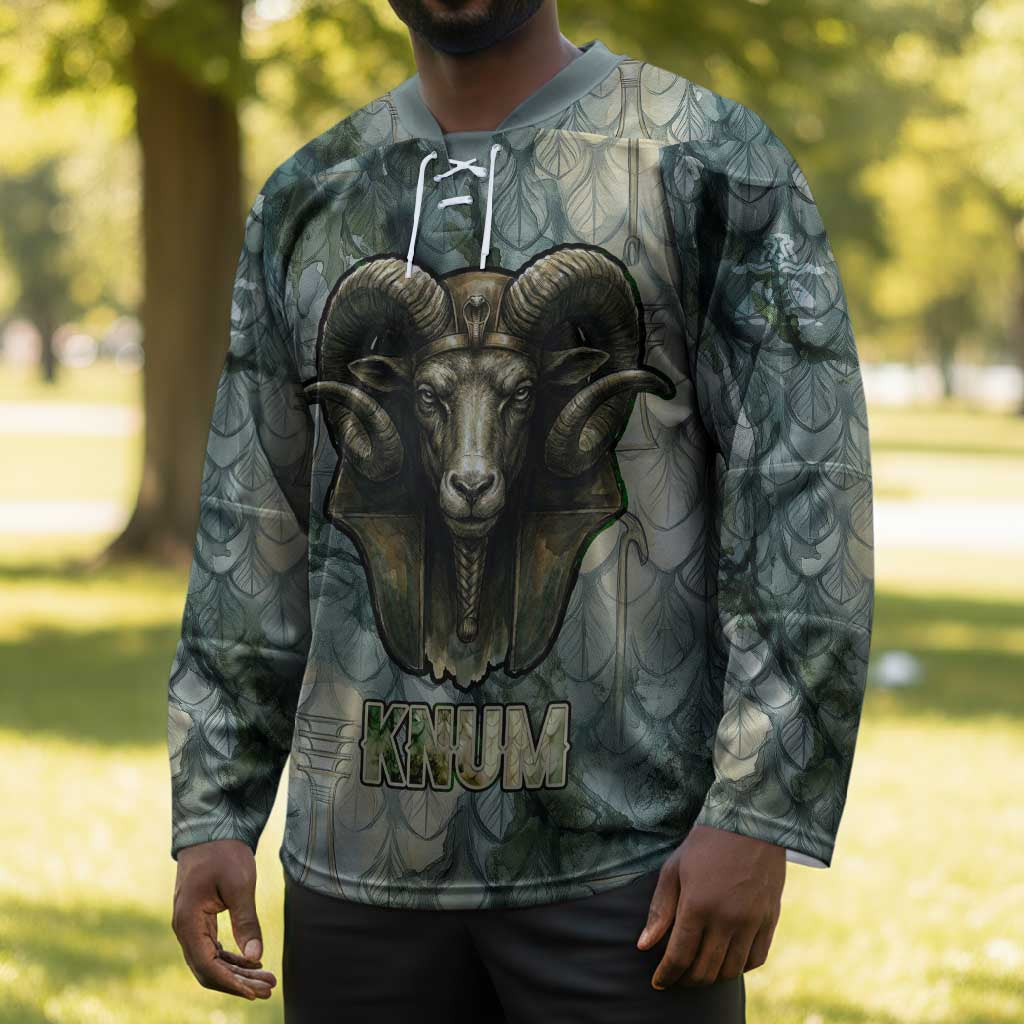 Khnum Ancient Egyptian Hockey Jersey with Smoky Leaf, Ram Head Emblem, and Guardian of the Cataract - Wonder Print Shop