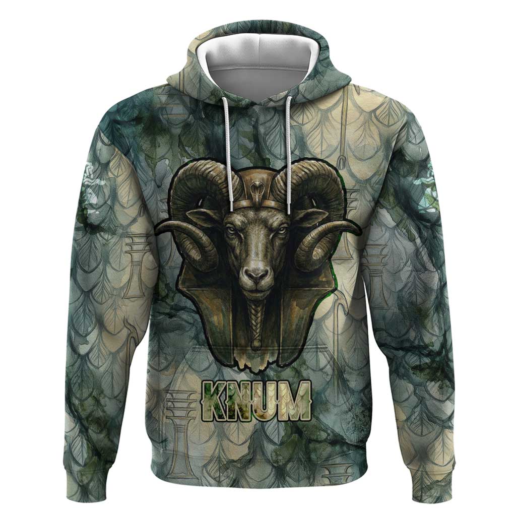 Khnum Ancient Egyptian Hoodie with Smoky Leaf, Ram Head Emblem, and Guardian of the Cataract - Wonder Print Shop