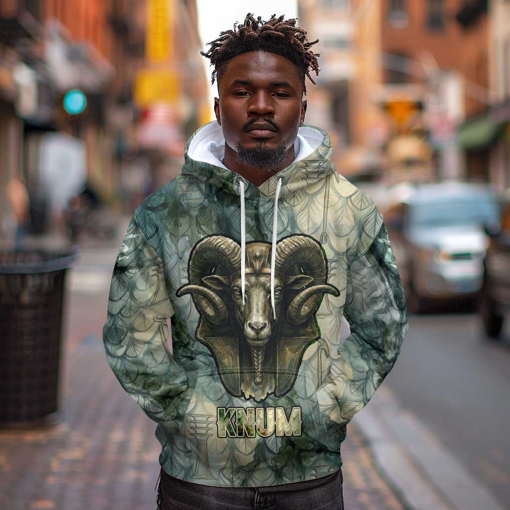 Khnum Ancient Egyptian Hoodie with Smoky Leaf, Ram Head Emblem, and Guardian of the Cataract - Wonder Print Shop