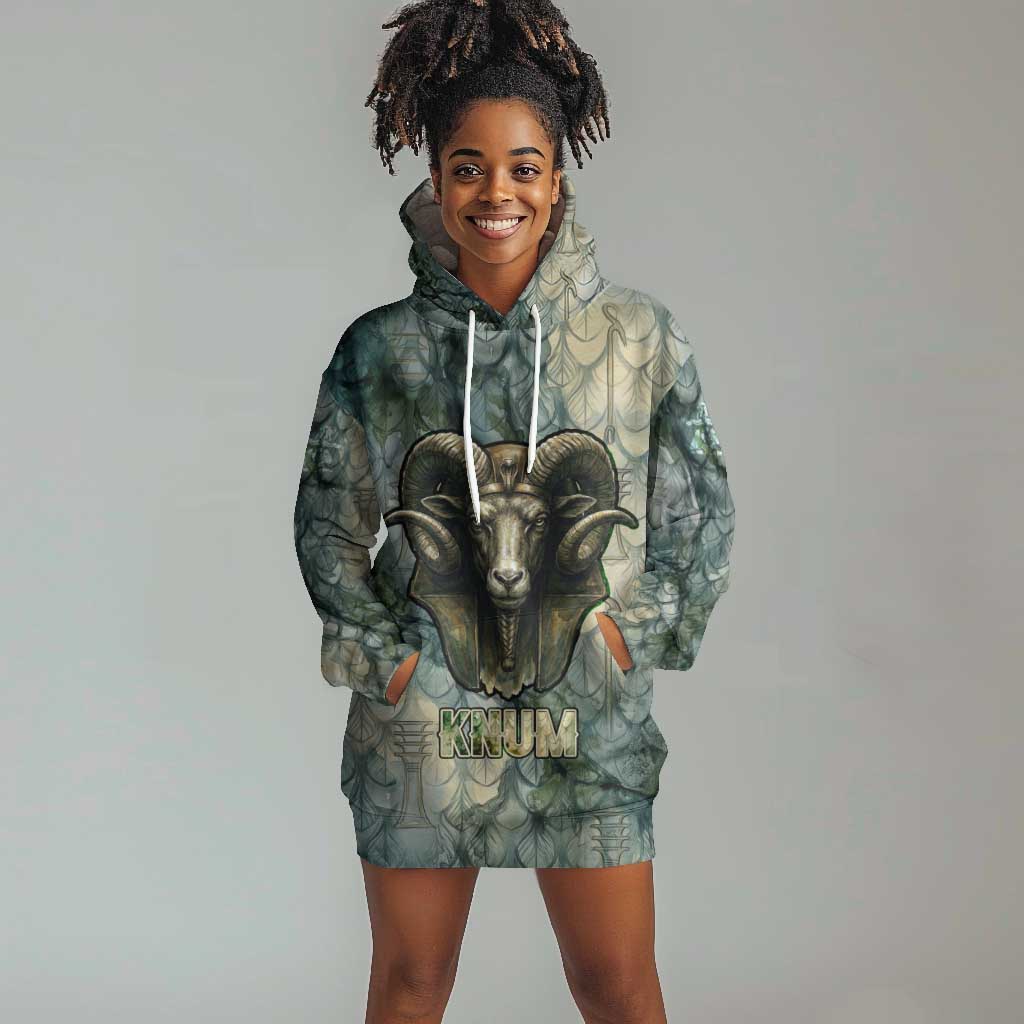 Khnum Ancient Egyptian Hoodie Dress with Smoky Leaf, Ram Head Emblem, and Guardian of the Cataract - Wonder Print Shop