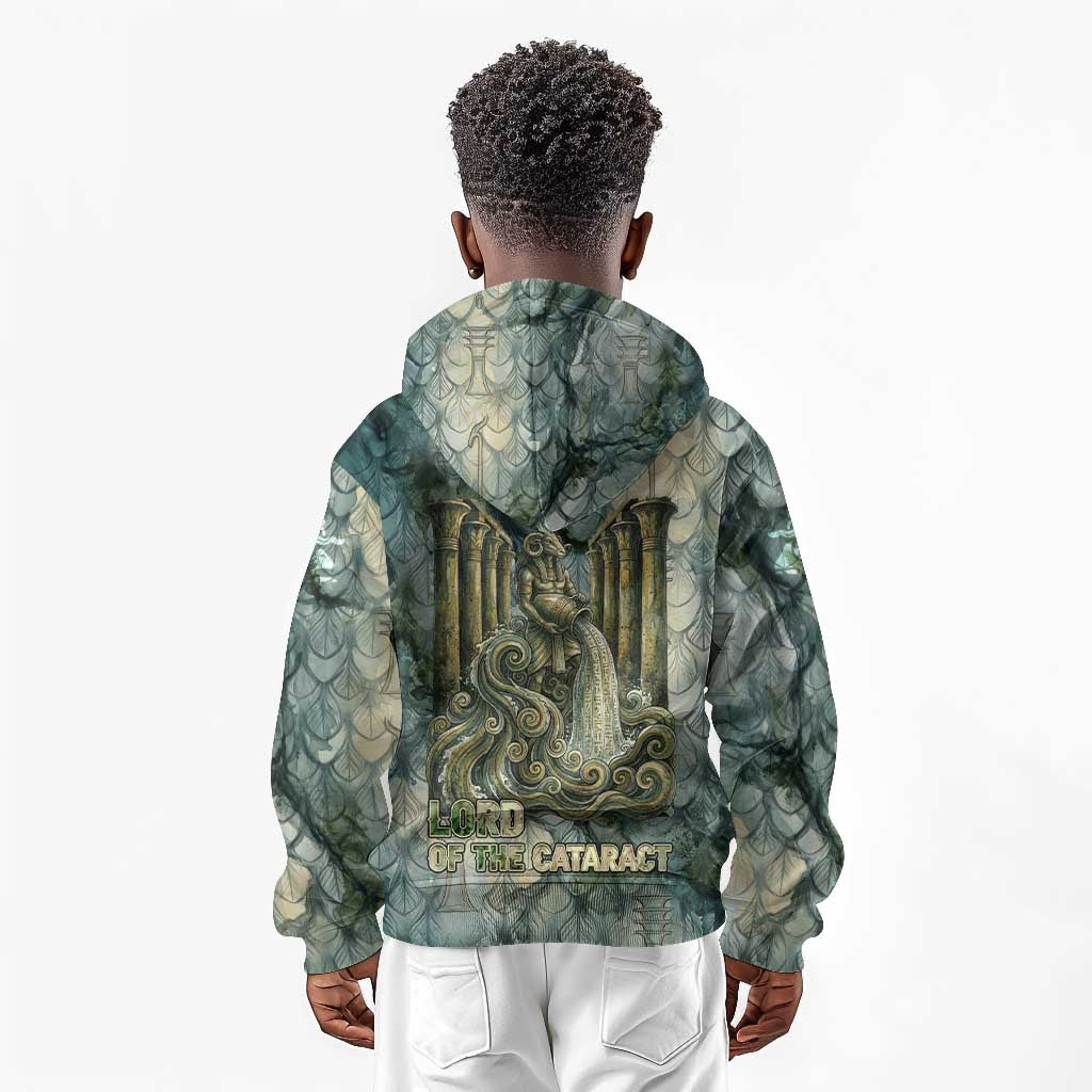 Khnum Ancient Egyptian Kid Hoodie with Smoky Leaf, Ram Head Emblem, and Guardian of the Cataract - Wonder Print Shop