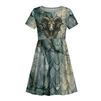 Khnum Ancient Egyptian Kid Short Sleeve Dress with Smoky Leaf, Ram Head Emblem, and Guardian of the Cataract - Wonder Print Shop