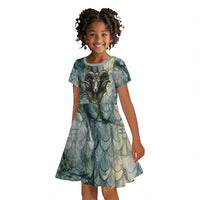 Khnum Ancient Egyptian Kid Short Sleeve Dress with Smoky Leaf, Ram Head Emblem, and Guardian of the Cataract - Wonder Print Shop