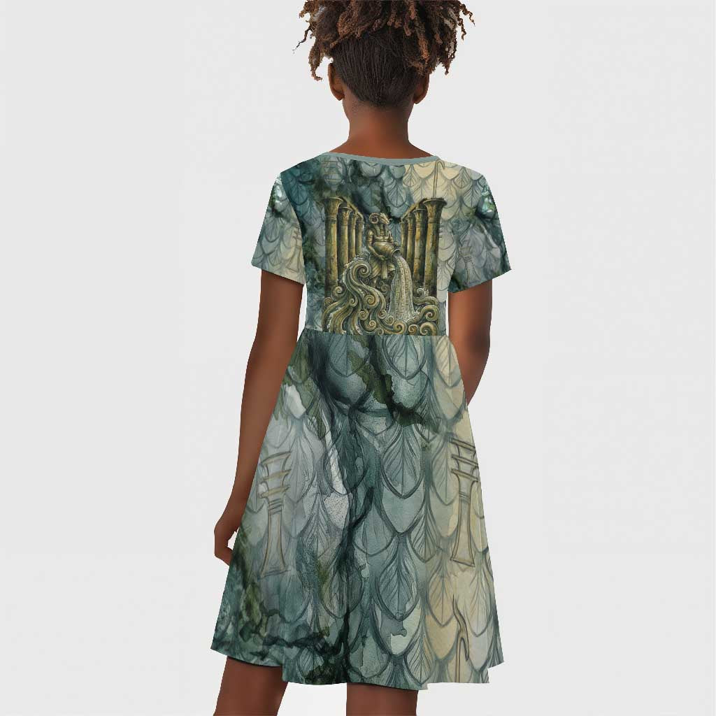 Khnum Ancient Egyptian Kid Short Sleeve Dress with Smoky Leaf, Ram Head Emblem, and Guardian of the Cataract - Wonder Print Shop