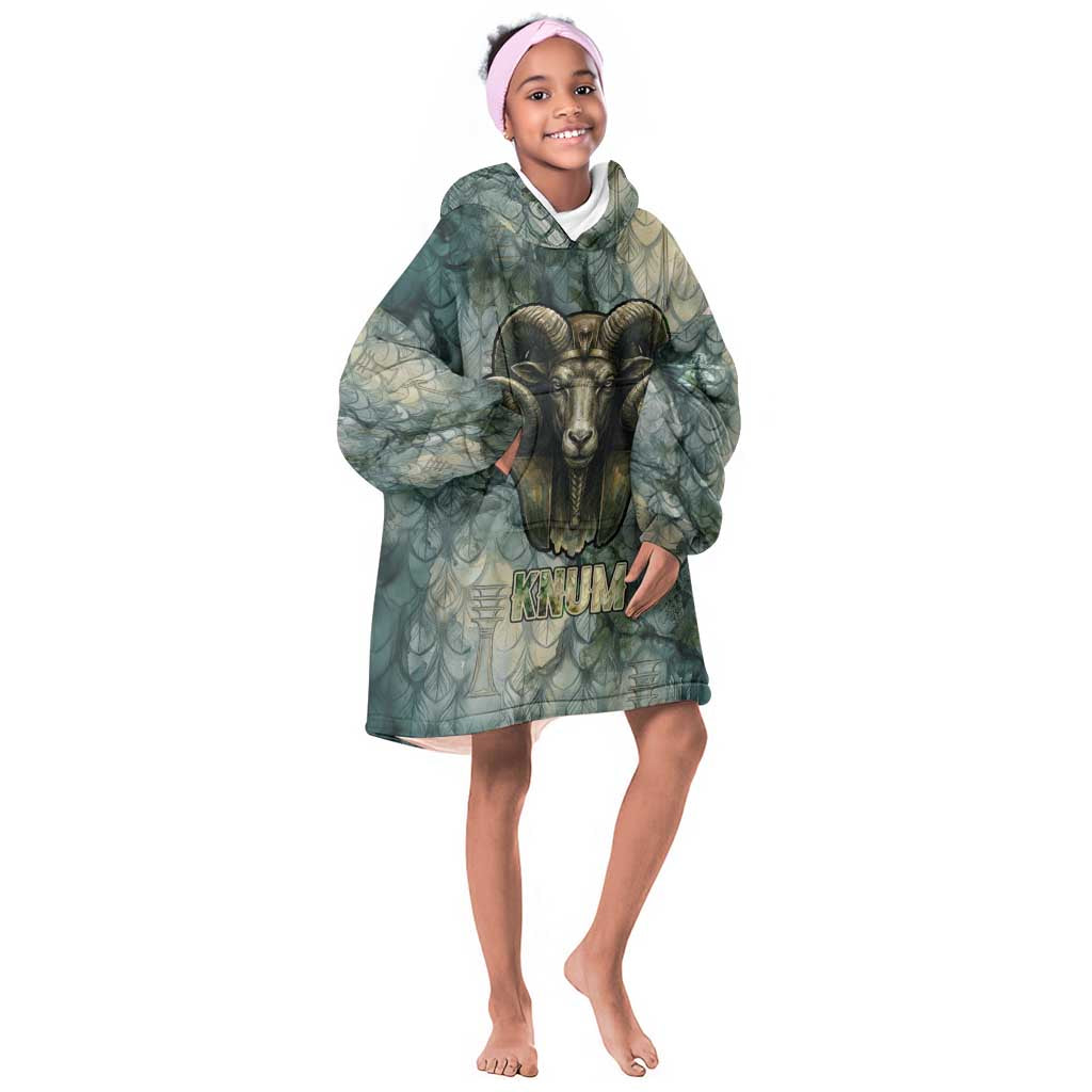 Khnum Ancient Egyptian Kid Wearable Blanket Hoodie with Smoky Leaf, Ram Head Emblem, and Guardian of the Cataract - Wonder Print Shop