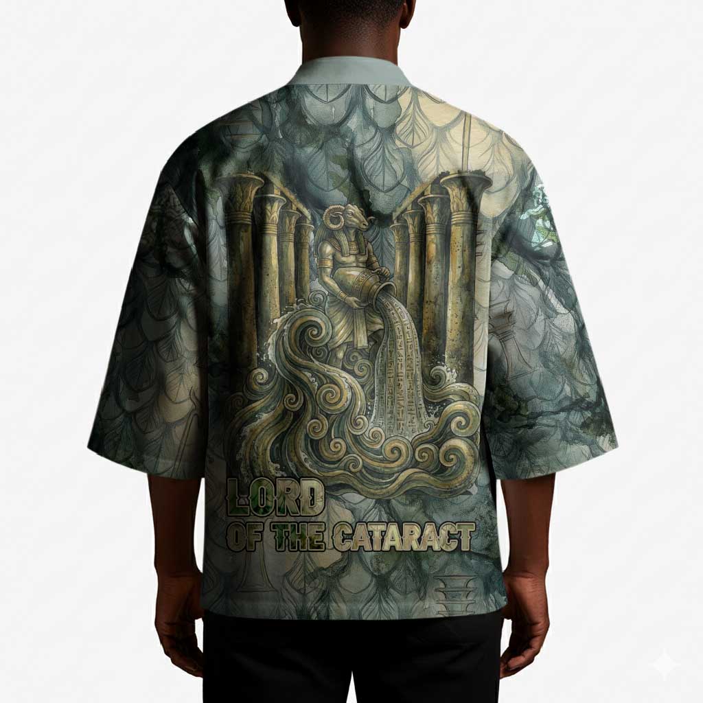 Khnum Ancient Egyptian Kimono with Smoky Leaf, Ram Head Emblem, and Guardian of the Cataract - Wonder Print Shop