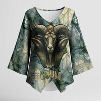 Khnum Ancient Egyptian Kimono Sleeve Blouse with Smoky Leaf, Ram Head Emblem, and Guardian of the Cataract - Wonder Print Shop